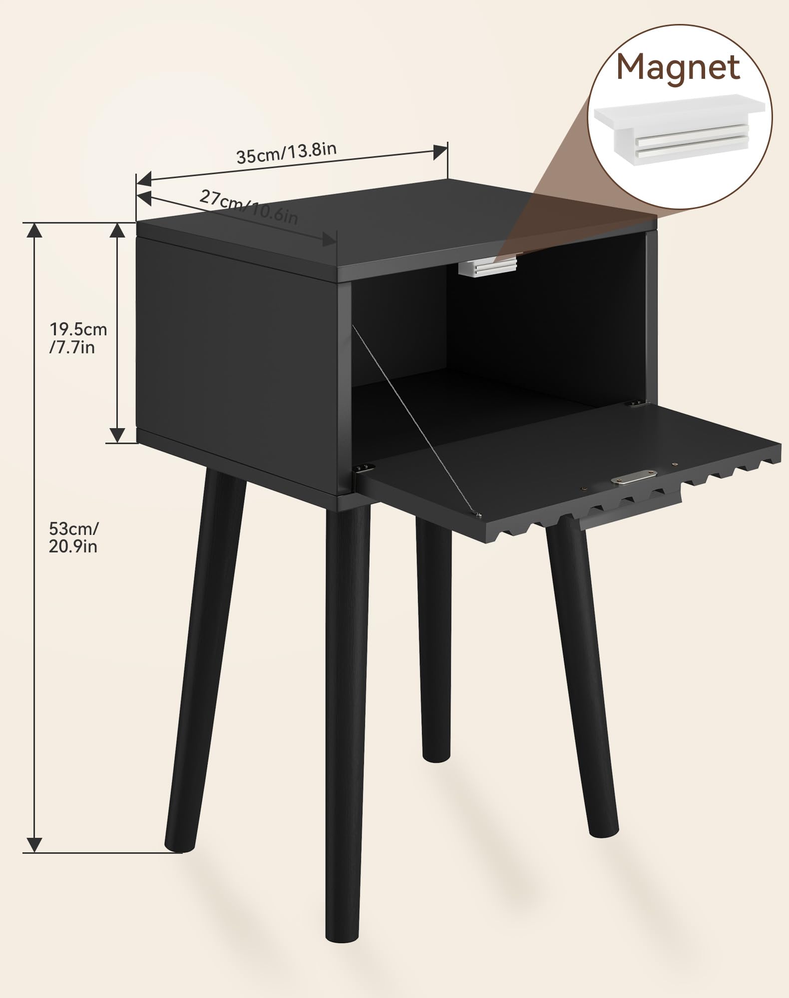 YMYNY Nachttisch 2er Set, Beistelltisch, Nachtschrank, Magnetschublade mit geriffelten Fronten, Massivholz Beinen, Modern, Couchtisch für Schlafzimmer Wohnzimmer, Schwarz HST014B-2
