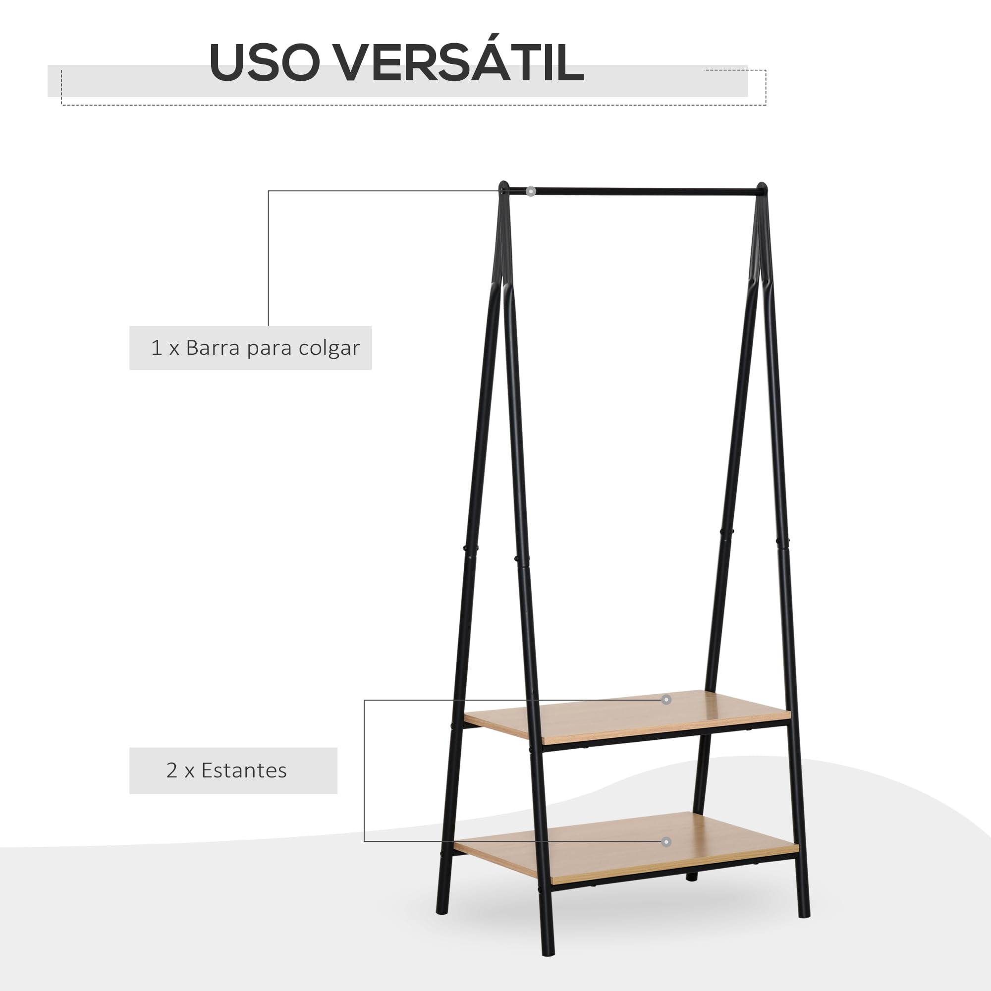 HOMCOM Perchero de Ropa Burro de Pie 2 Estantes 64x42,5x149 cm Negro