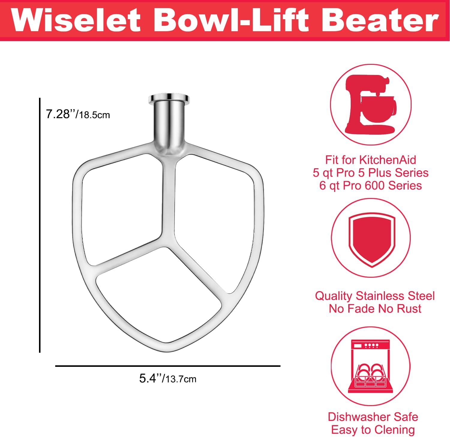Stainless Steel Flat Beater for KitchenAid 5qt-6qt Bowl-Lift Stand Mixer, Fit for Professional 5 Plus and Professional 600 Seris Mixer K5 KG25 KV25 KP26 KT26, Heavy Duty and Dishwasher Safe