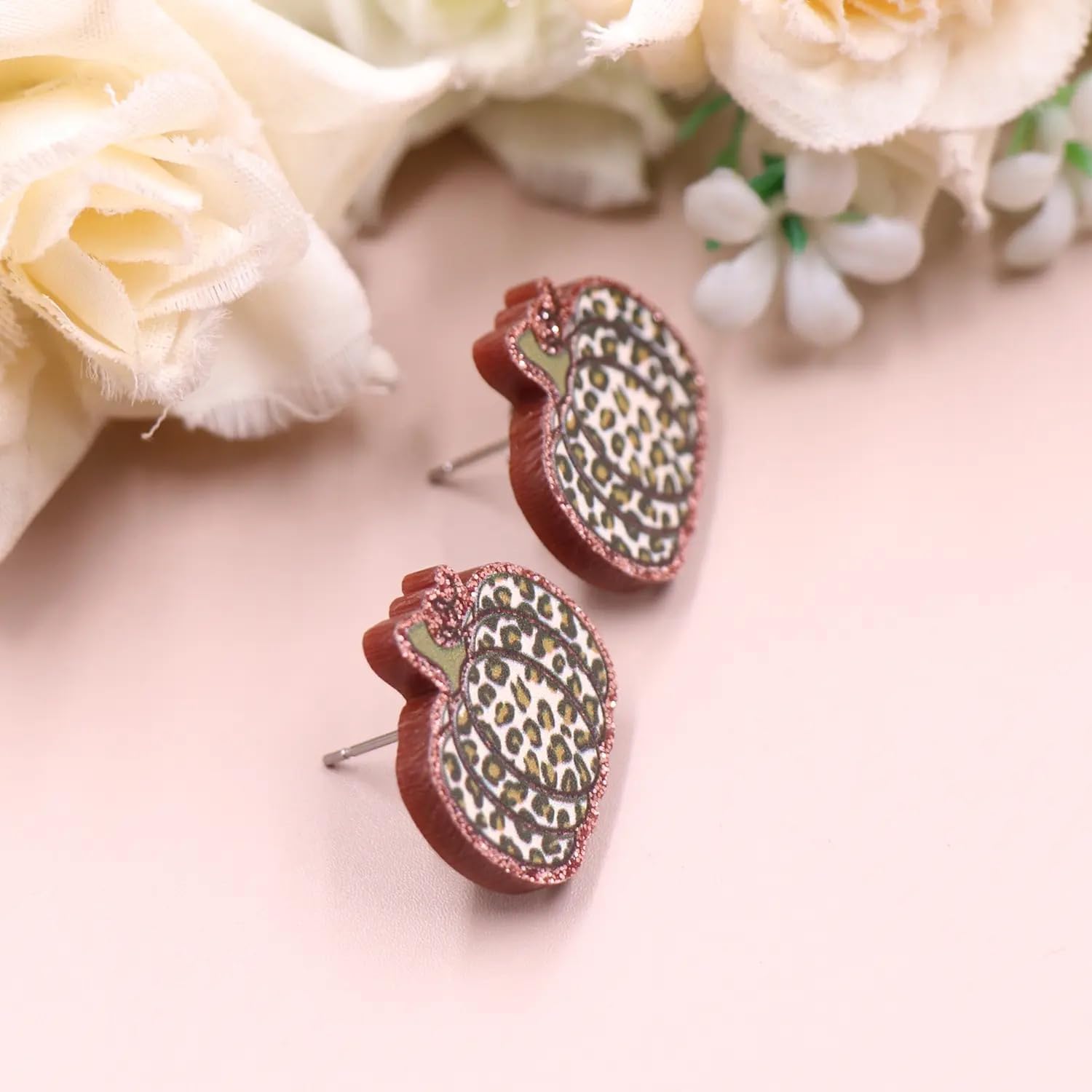 Luaa Leopard Print Pumpkin Stud Earrings for Women – Fall Acrylic Earrings with Glitter Outline – Stainless Steel Posts – Autumn Colors Halloween and Thanksgiving Jewelry – 0.75 Inch - Image 4