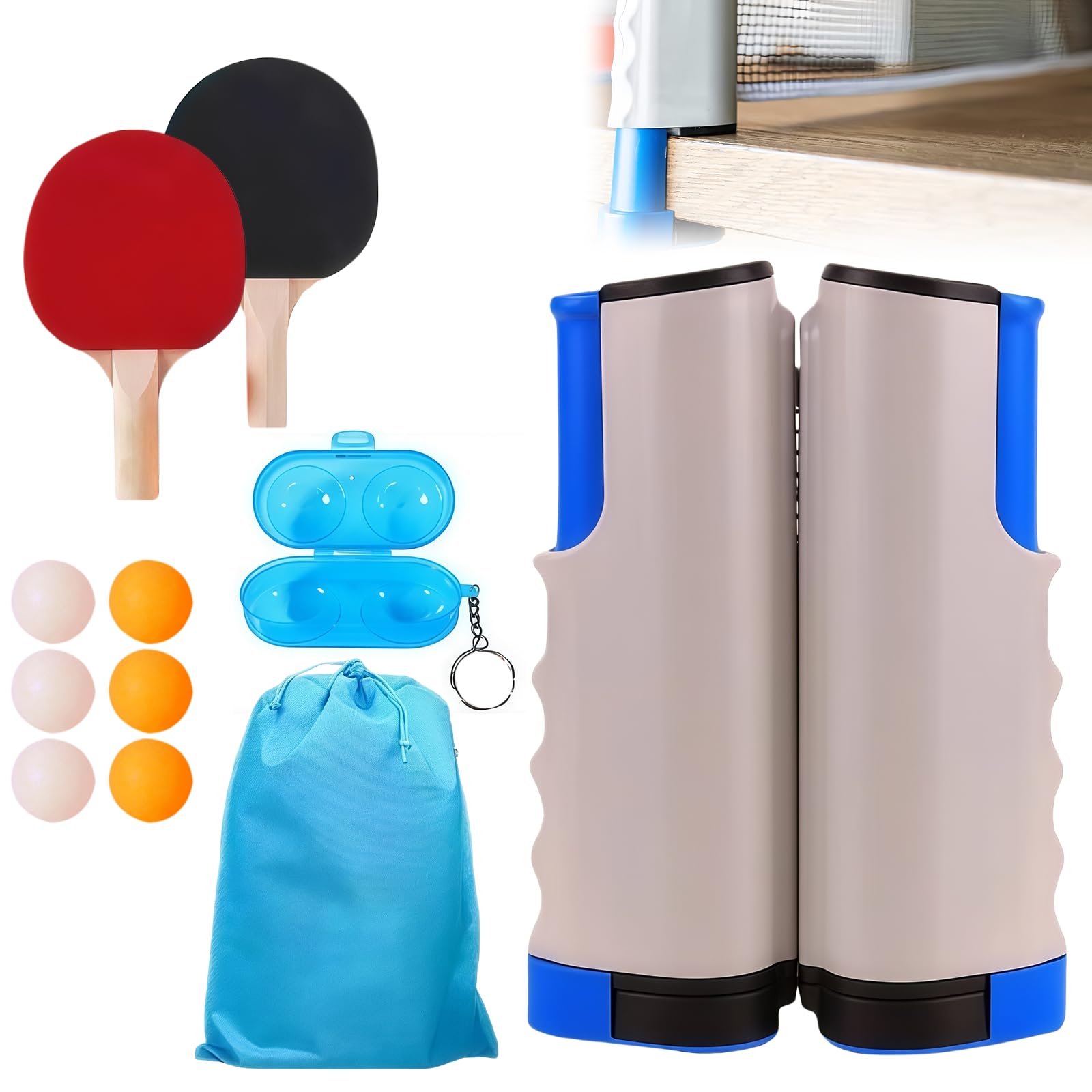 Juego de raquetas de tenis de mesa profesional: 2 raquetas de tenis de mesa + Red retráctil + 6 pelotas de tenis de mesa + 1 bolsa de transporte + 1 caja de pelotas, juego de tenis de mesa
