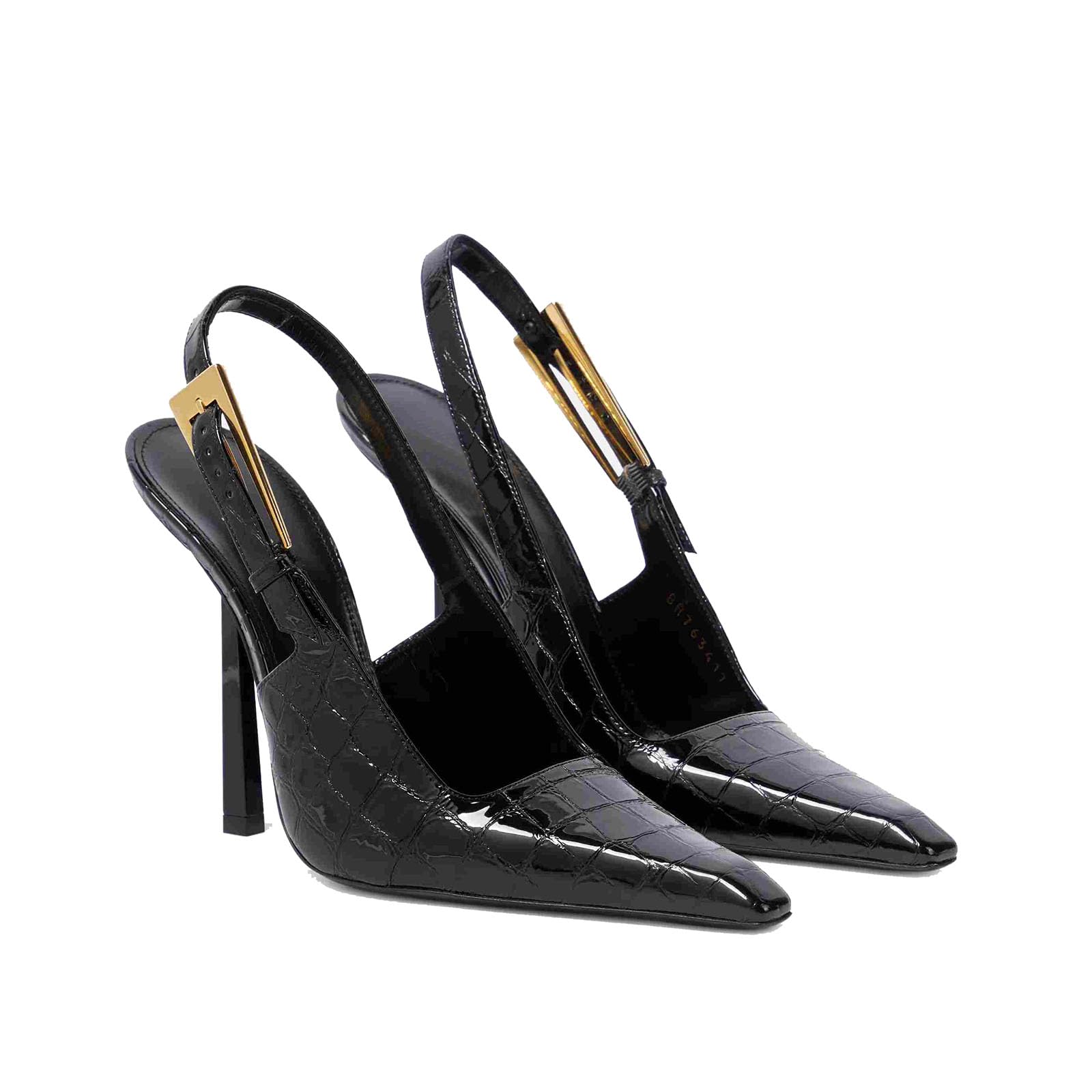 THESHY Women's Slingback Stiletto High Heels Square Toe Metal Buckle Pumps Backless Patent Leather Fashion Dress Shoes for Women 10.5 Black Croc