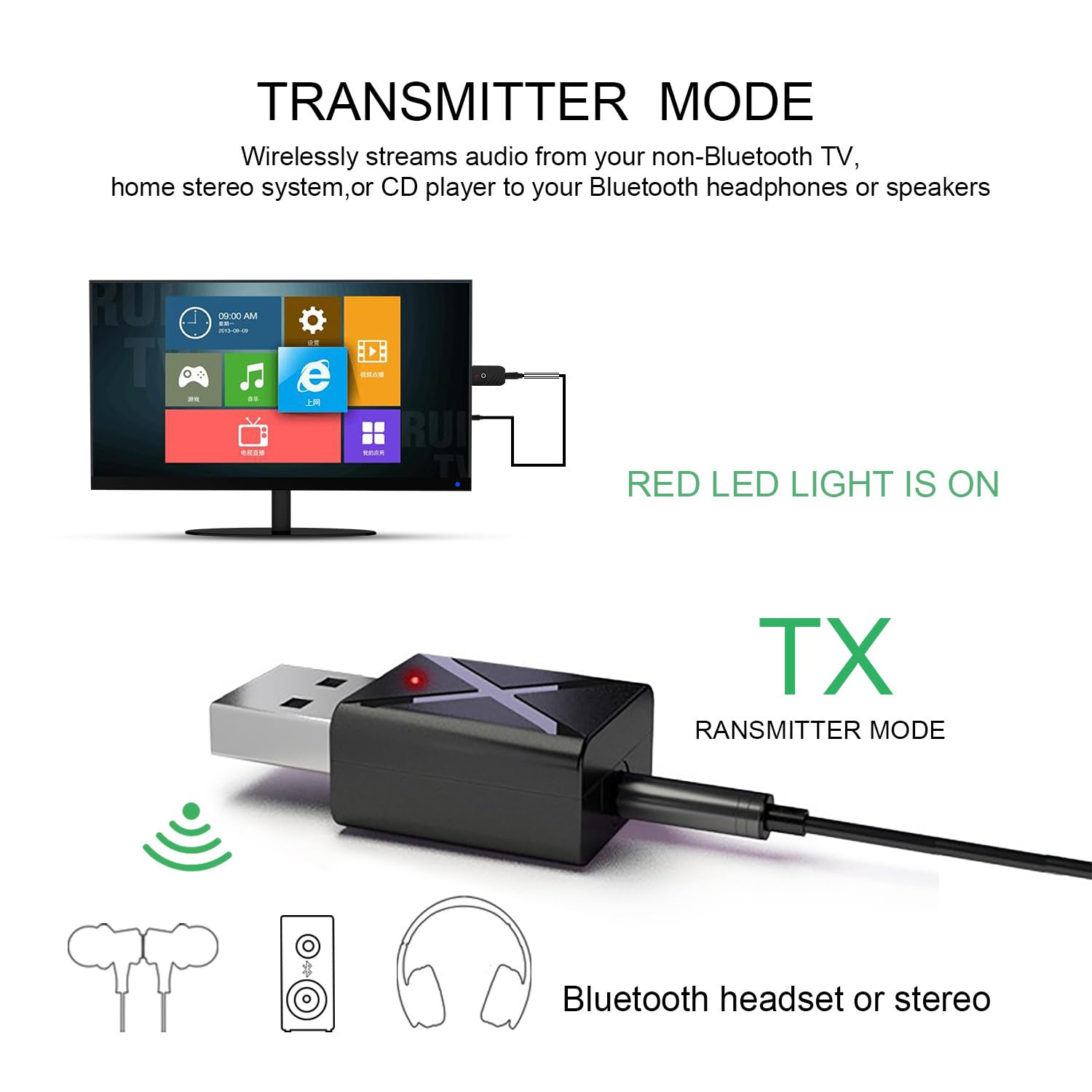 Bluetooth 5.0 USB Receptor, Adaptador transmisor de TV, 4en1 con Cable Auxiliar Digital de 3.5 mm para Altavoces, PC, Auriculares, Coche