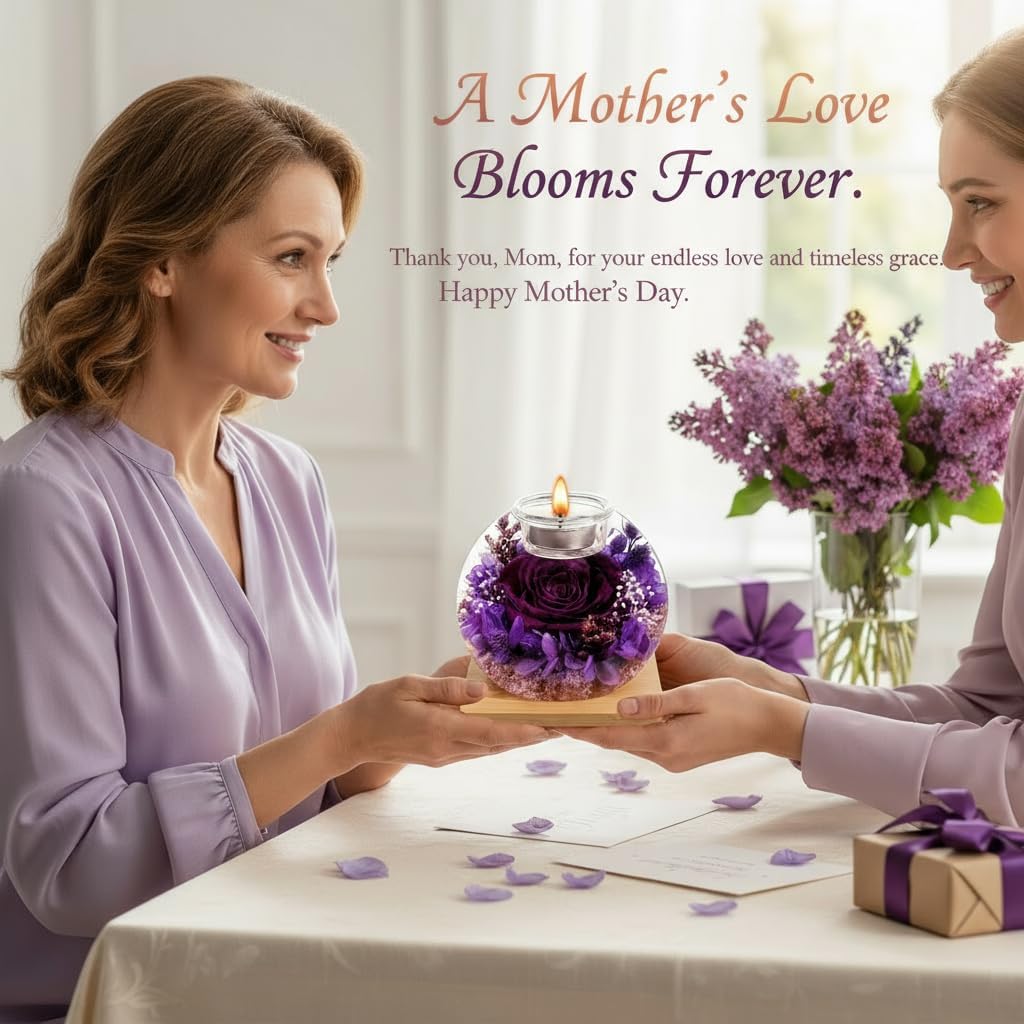Eternal Preserved Real Rose, Glass Dome Gift Set with 18 Scented Candles (9 Rose,9 Vanilla), Mother's Day Valentine Christmas Birthday Gift for Women Mom Girlfriend Wife Home Decor (Dark Purple) - Image 5