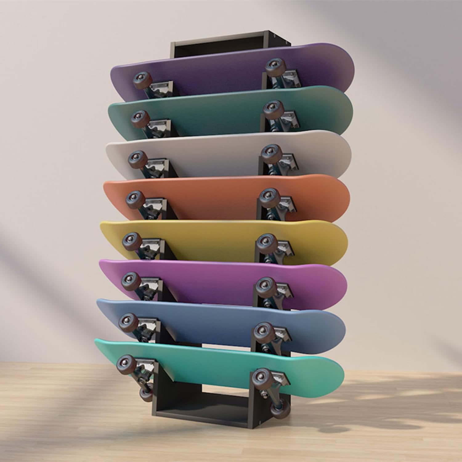 Snowboard Longboard Surfing Board Rack 8-Layer Display Storage for Homes Garages Clubs Skate Shops - Wooden Floor-Standing Skateboard Rack Black-120X33X32CM
