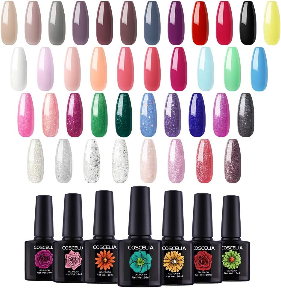 Gel Nail Polish Kit 40 Colors Soak Off LED Fall Color Gel Nude Solid Glitter Black White Red Gel Polish Nail Art Design for Nail Salon Home DIY Manicure