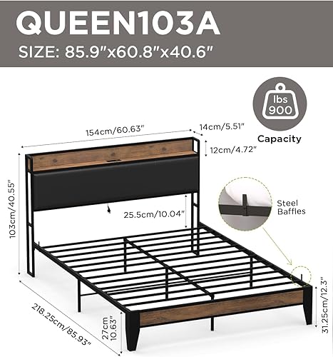 Miniatura 2 de BUCOTOD Base de cama con cabecera de almacenamiento, estación de carga integrada, fácil montaje, sin ruido, diseño antideslizante, resistente y