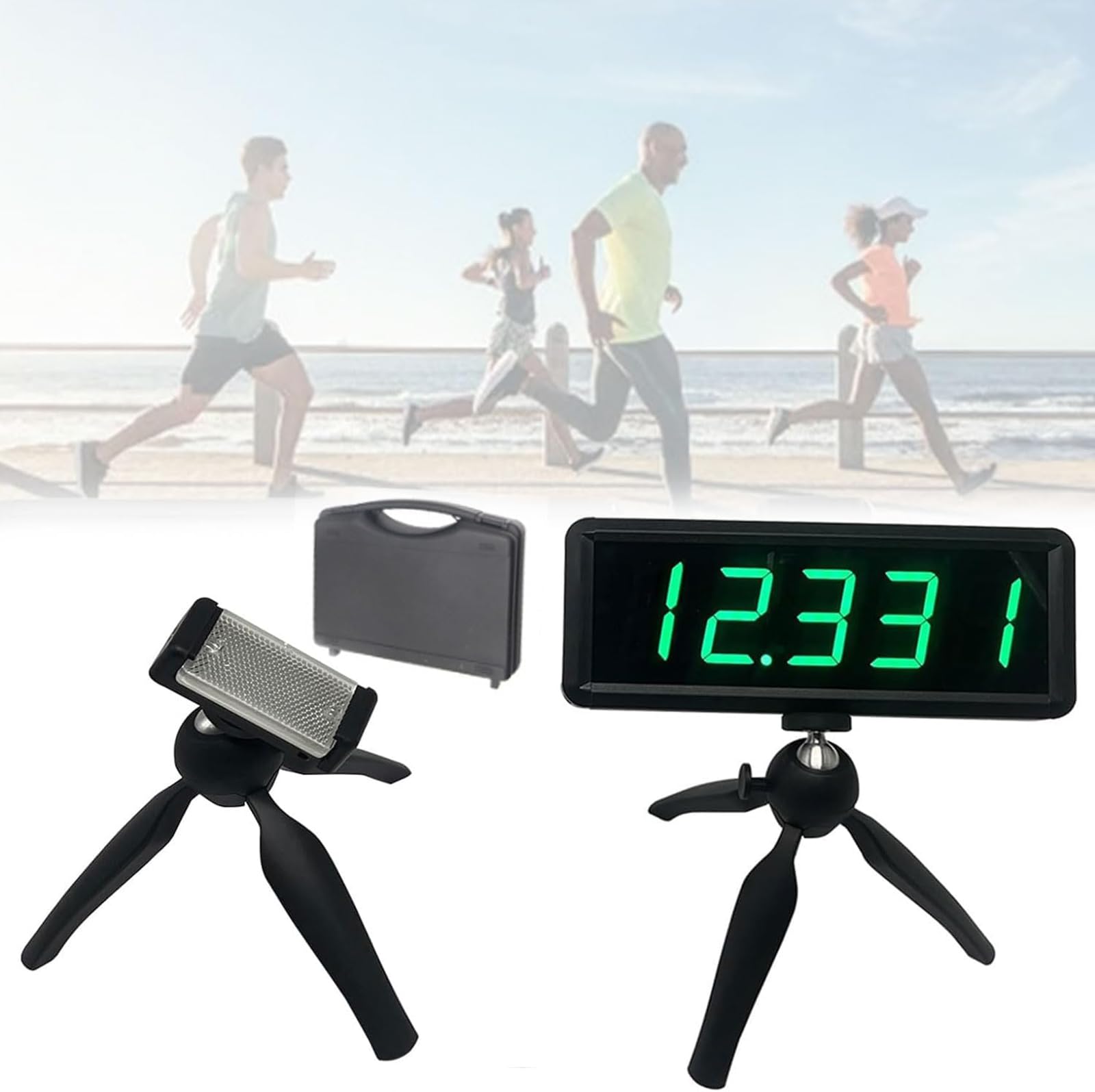Reloj LED de 5 dígitos con trípode, temporizador de carreras portátil para punto de inicio y punto final, soporte ajustable, distancia efectiva > 8 m