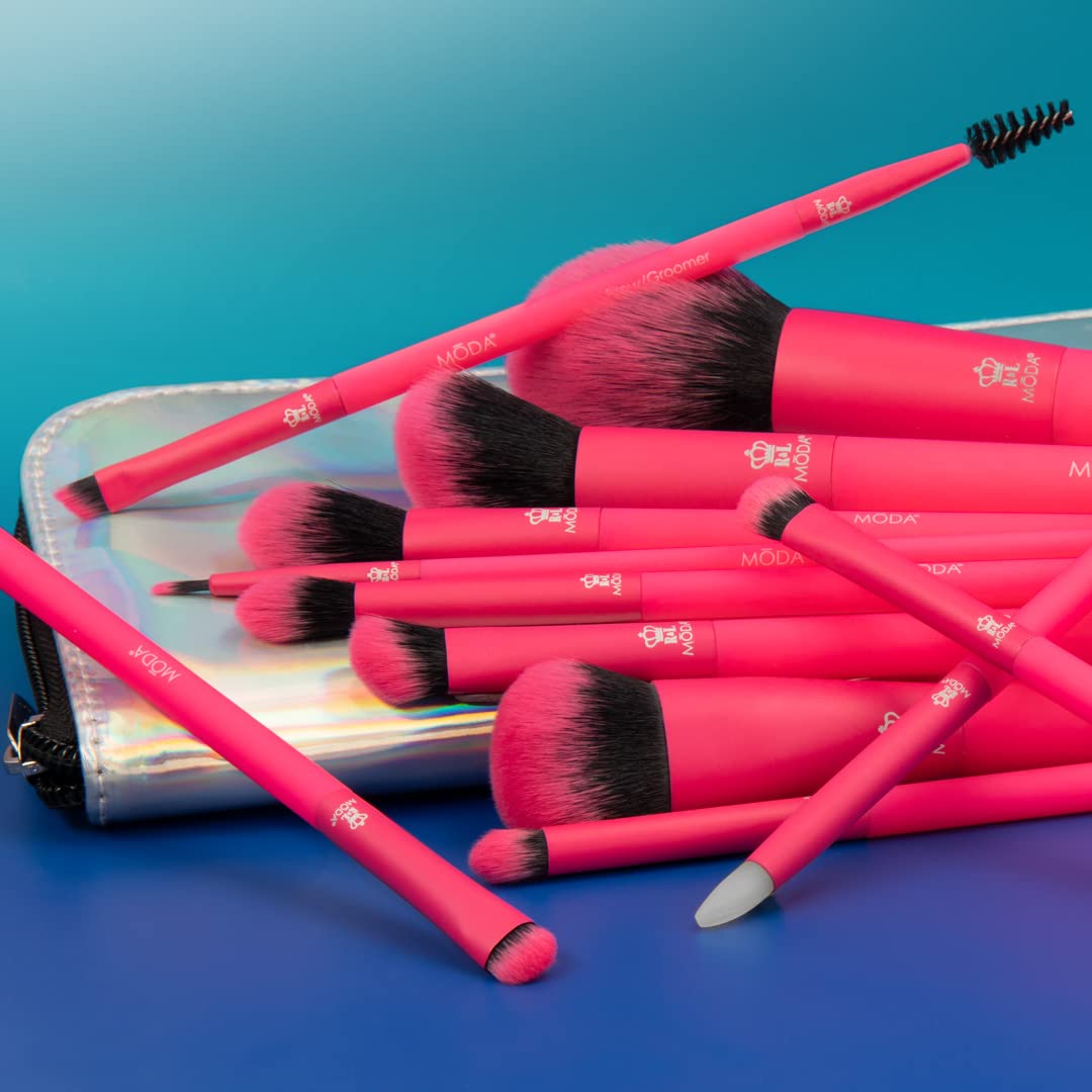 MODA Totally Electric 13-teiliges Make-up-Pinsel-Set für das gesamte Gesicht, inkl. Puder, Teint, Rouge, Shader, Smudger und Faltenpinsel, Neon-Pink