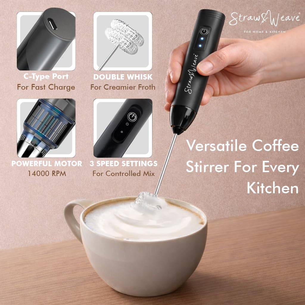 Coffee Frother Electric with Double Whisk | C Type Rechargeable Coffee Maker Machine for Home | 1 Year Warranty | Free Coffee Blender Recipe Book | Big Battery 1 Charge = 15 Days Use 4