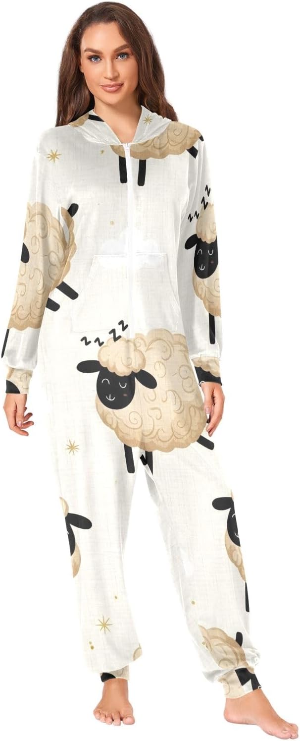 Cute Cartoon Sheep Beige Adult Onesie Pajamas, Soft Hooded One Piece Sleepwear for Men Women Christmas Loungewear