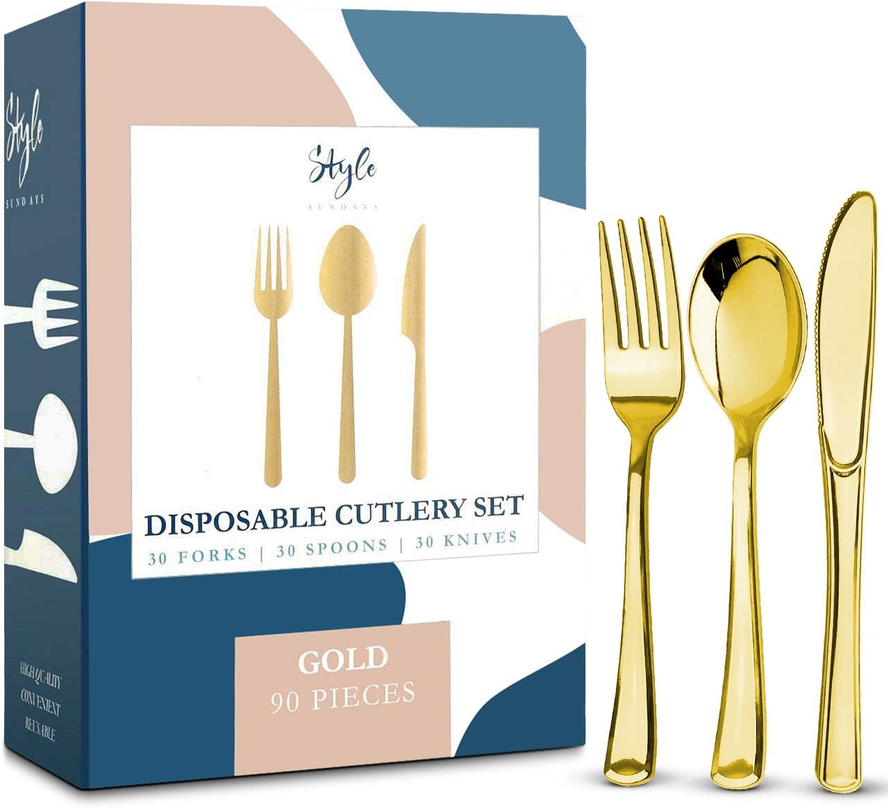 Gold Plastic Silverware Party Bulk Utensils Set – Heavy Duty Plastic Disposable Cutlery (30 Spoons, 30 Forks & 30 Knives) Ideal for Gold-Themed Elegant Parties, Birthdays, Dinner & Luxury Wedding