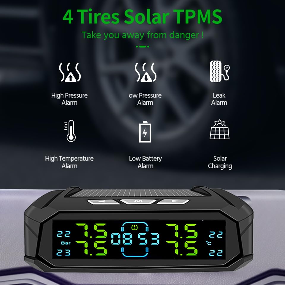 Tpms Sistema de Alarma Control presión neumáticos automóvil, sensores 4 Ruedas, visualización Tiempo, Relojes Temperatura for 0~116 PSI(K10-External)