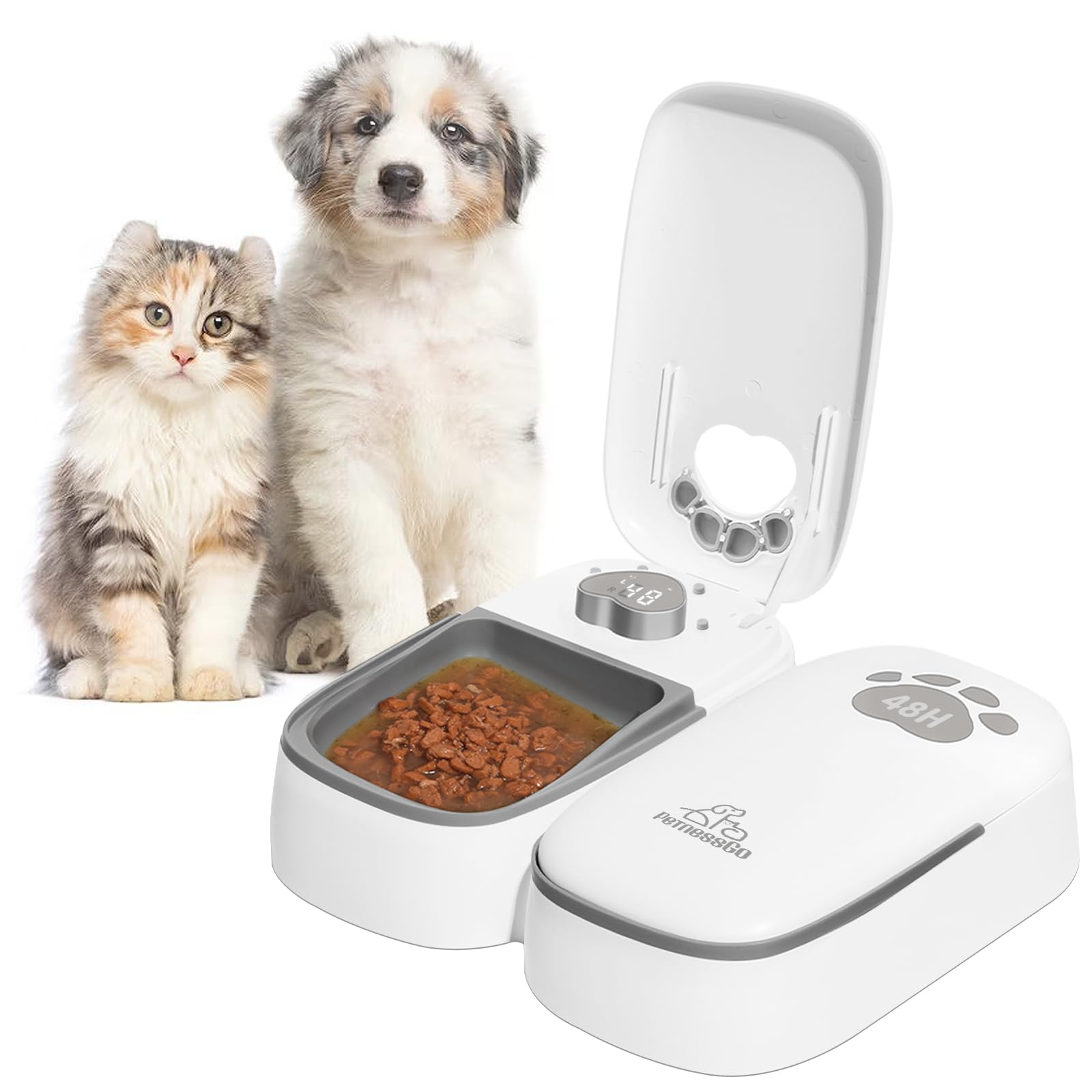 Distributore automatico di crocchette per gatti 2 pasti con display LED e modalità di risparmio energetico, per gatti e cani