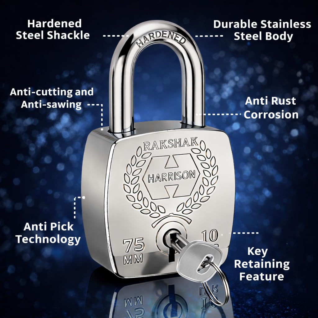 Harrison Padlocks/Square Padlock 75mm 10 Lever with 3 Keys 5564-Rakshak Pack of 1/Padlock, Padlocks, Locks for Home, Locks for Main Door, gate — Amazon image 2
