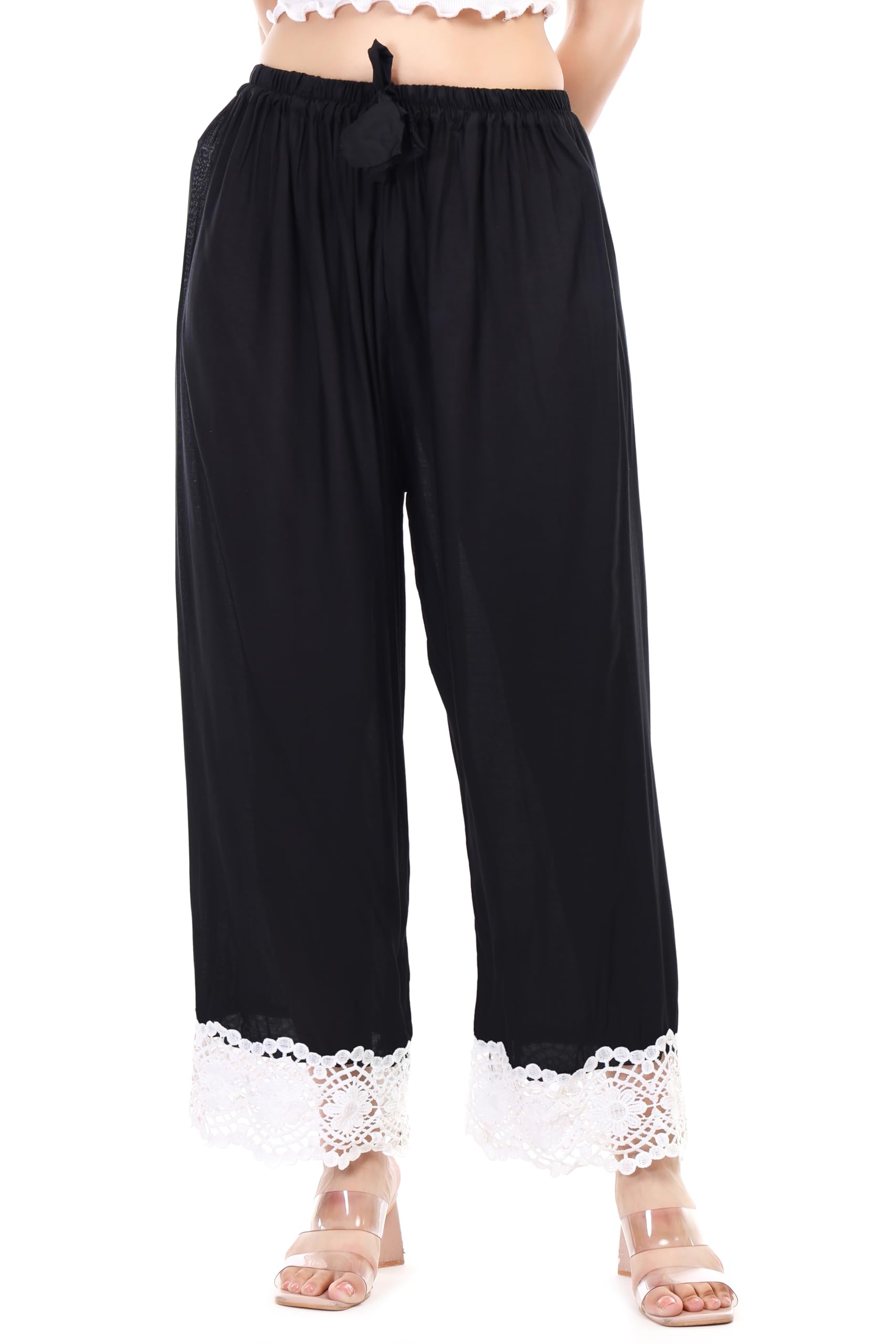 Monis Boutique House Women's Black Rayon Palazzo with White Sunflower Lace | Festive & Ethnic Wear | Flared Fit | Sizes XS to 7XL-image-40