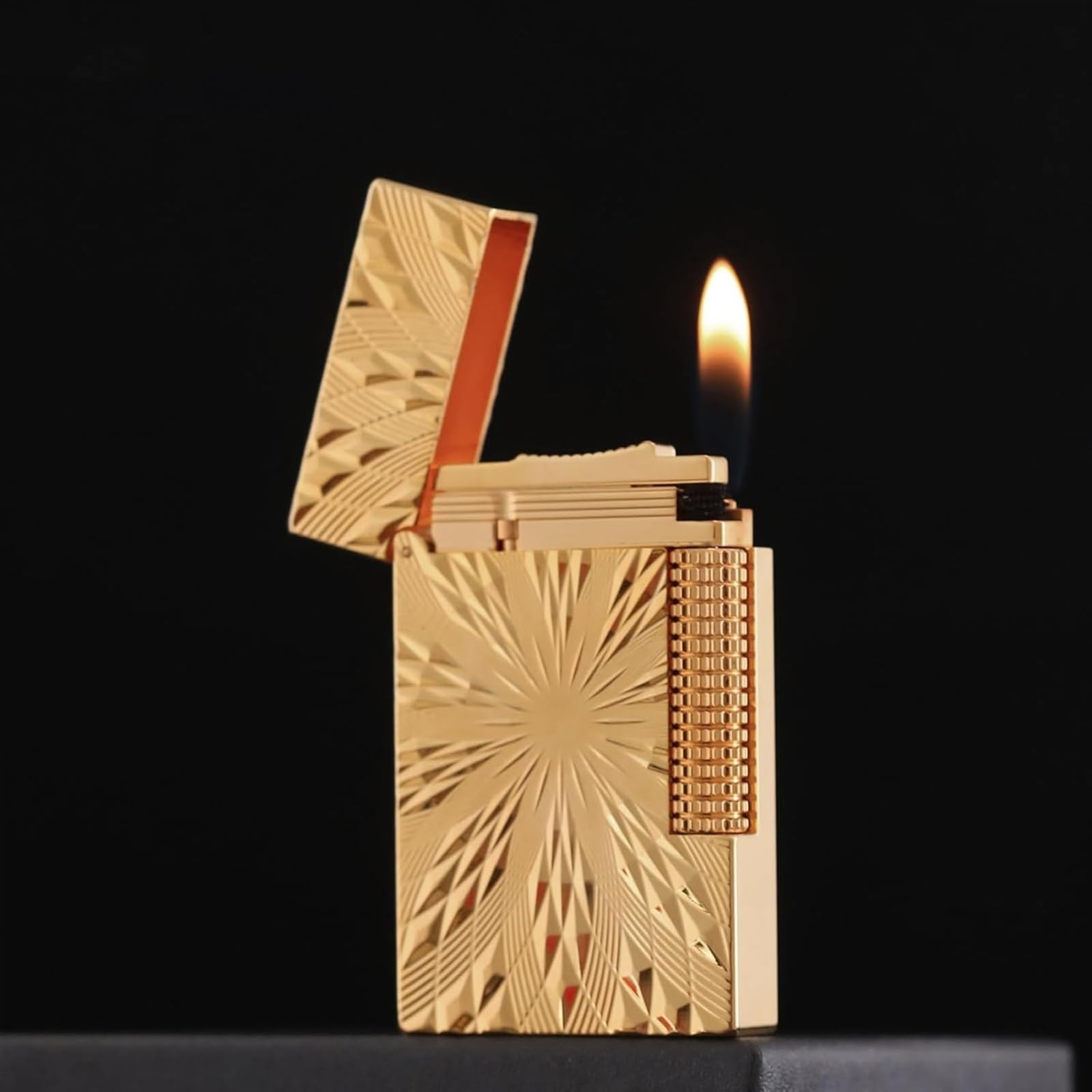 Mechero de gas butano y cobre, diseño tallado, encendedor de gabardina de encendido deslizante lateral, para hombres, padres y maridos, pieza de colección clásica
