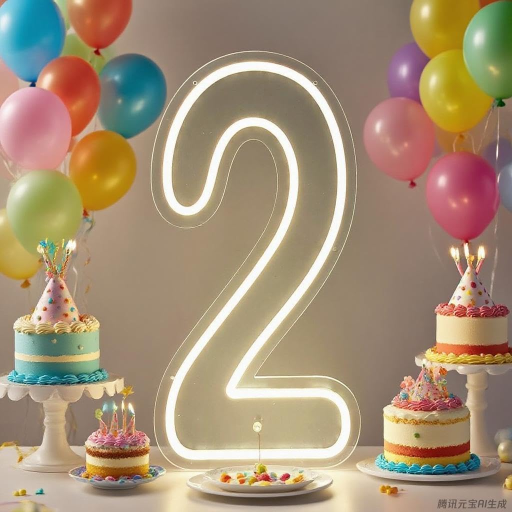 DS&DV 20inch Led Neon Number 2 Sign, Dimmable Silicone Neon Light with Acrylic Backer for Birthday Wedding Party Stand Up Decoration (Warm White, Number 2)