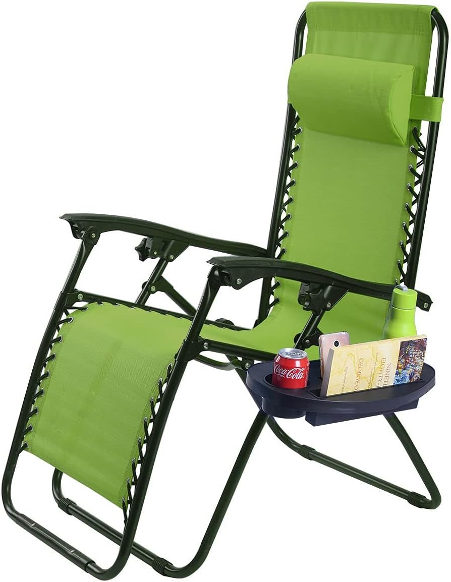 2PCS Outdoor Zero Gravity Chair Set, Reclining Chair w/Adjustable Backrest & Removable Pillow, Relaxing Lounge Patio Folding Recliner w/Cup Holder for Backyard/Beach/Poolside (Green)