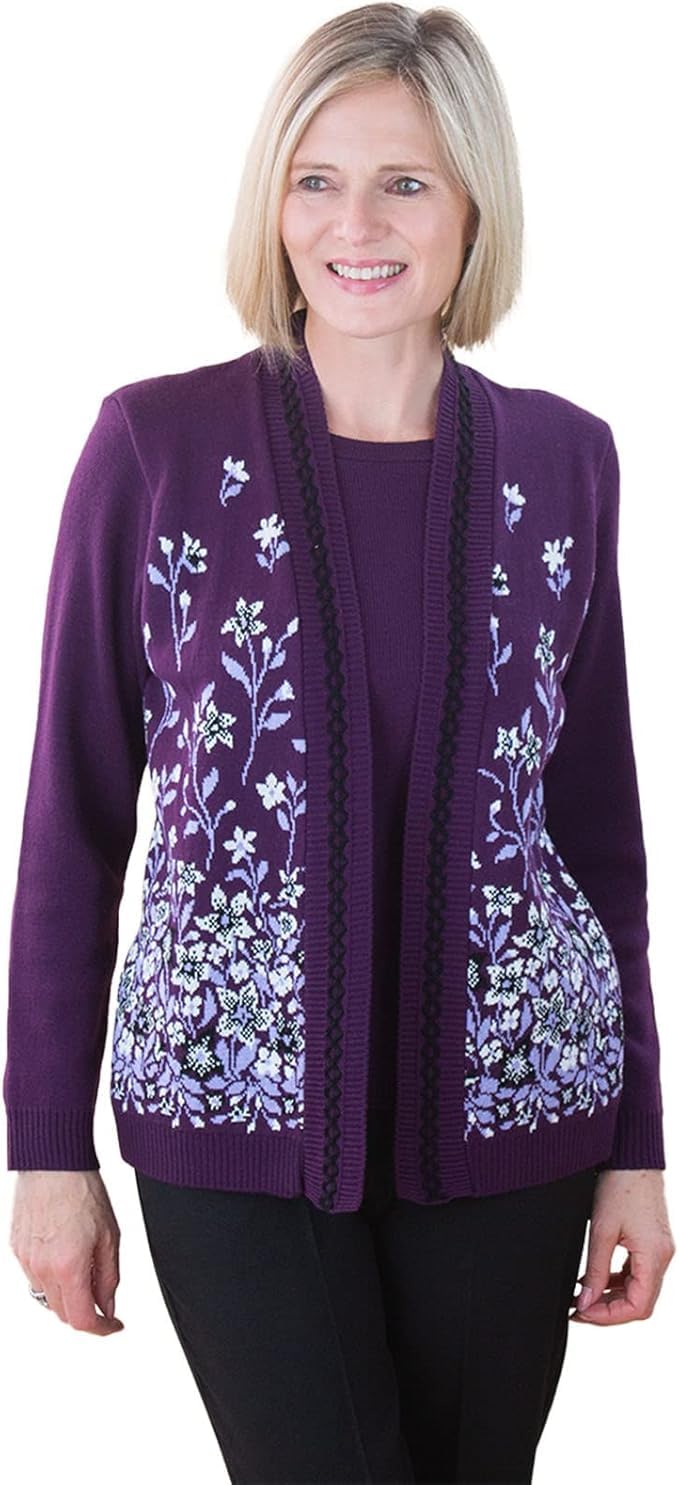 Fashion Friendly Women's Purple Flower Twin Cardigan - 3XL