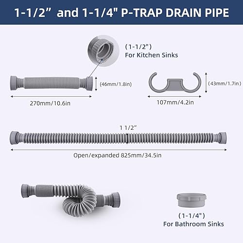 Miniatura 2 de iFealClear Paquete de 2 tubos de trampa P de 1-12 pulgadas, tubo de drenaje flexible para fregadero con 2 anillos de sellado de goma, tubo de