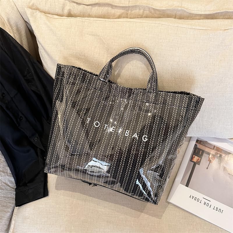 Image of Lushandy Striped PVC Tote Bag for Women, Waterproof Plastic Tote Bag for Beach Pool Large Top Handle Travel Hobo Handbag