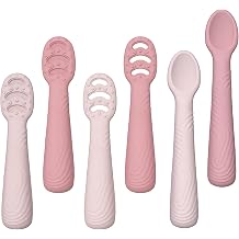 Baby Spoons Self-Feeding 6+ Months, 6 Pack Silicone Training Spoon Set for Baby Led Weaning, 3-Stage & Easy Grip First Utensils for Toddlers Learning Eating Essentials, Dishwasher Safe Pink Rose