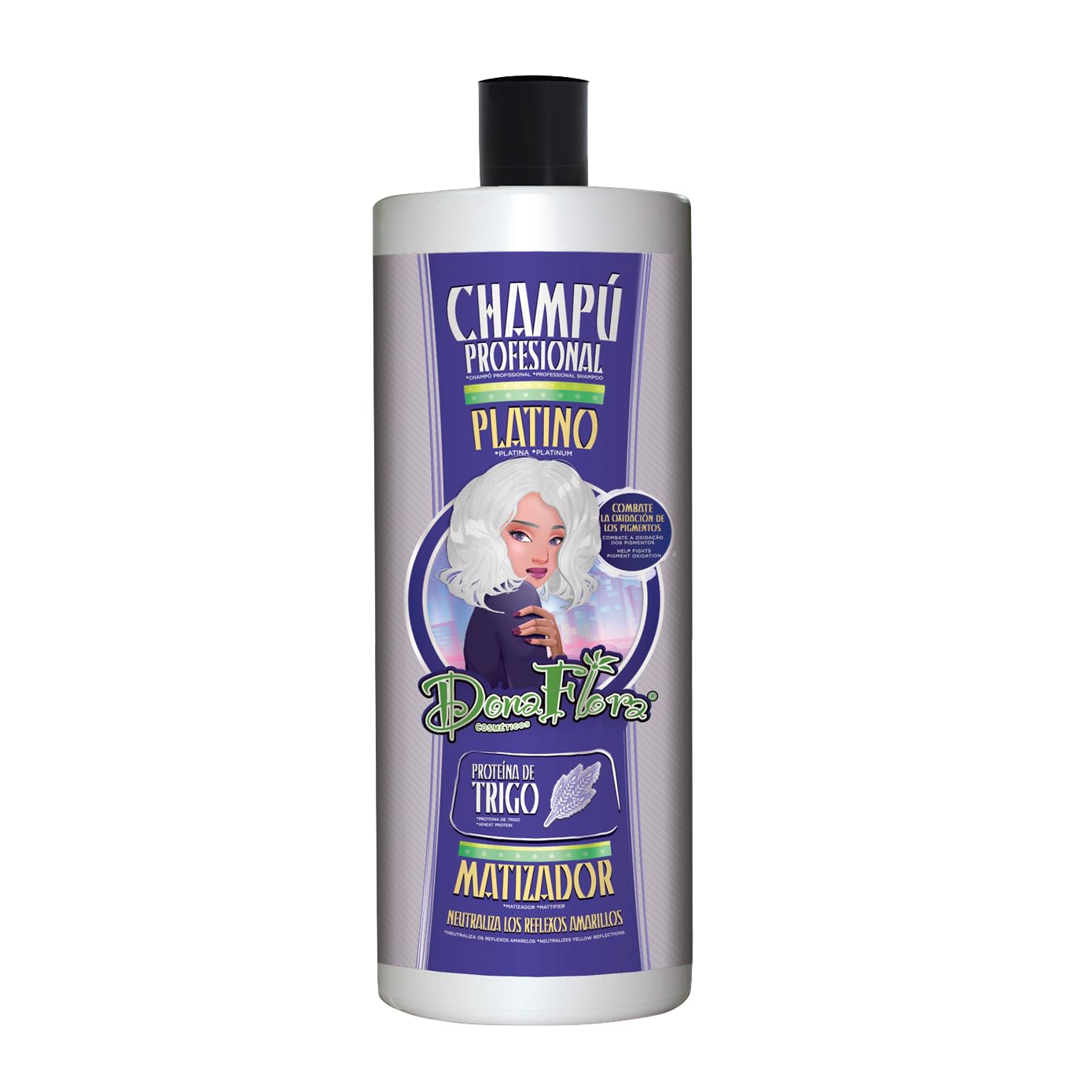 Dona Flora - Platinum mattifying shampoo - Neutralises yellow and orange tones - Purple pigments - Moisturizes and strengthens - Ideal for blonde, bleached or grey hair - 1000ml