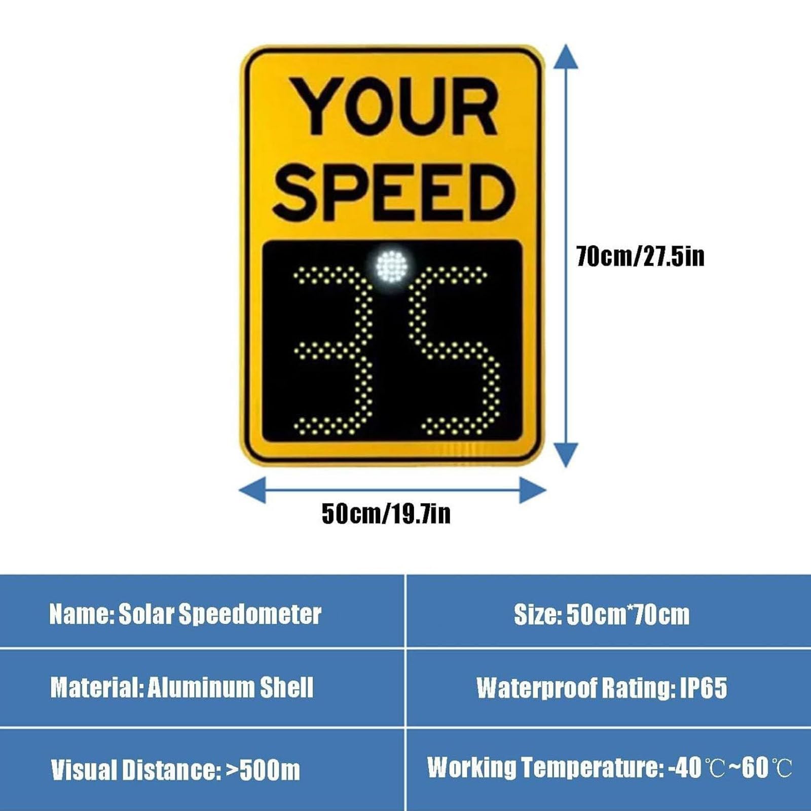 Señal de límite de velocidad de radar, pantalla LED alimentada por energía solar, detector de velocidad de tráfico para carreteras y carreteras, 50 x 70 cm, señal de velocidad de retroalimentación, 50