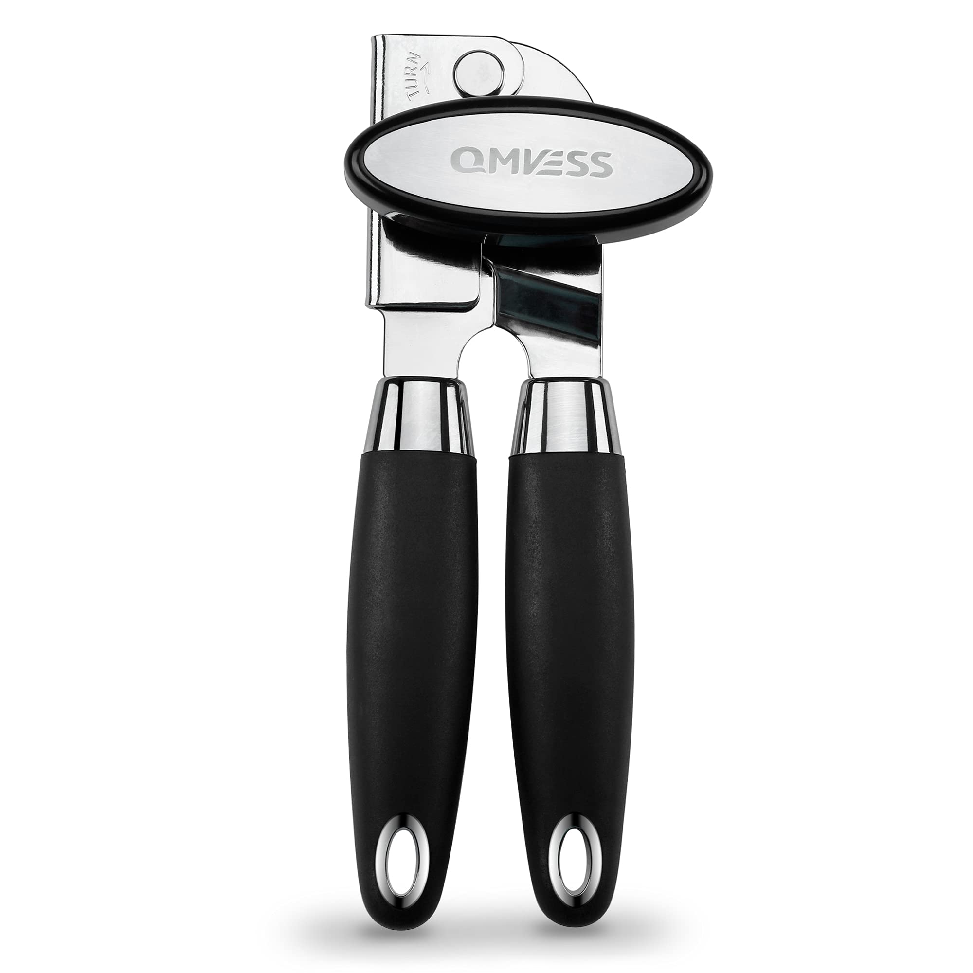 QMVESS Can Opener Manual Smooth Edge Stainless Steel Can Opener Heavy Duty Non Slip Handle Sharp Blade with Easy Turning Knob Jar Bottle Openers (BLACK)