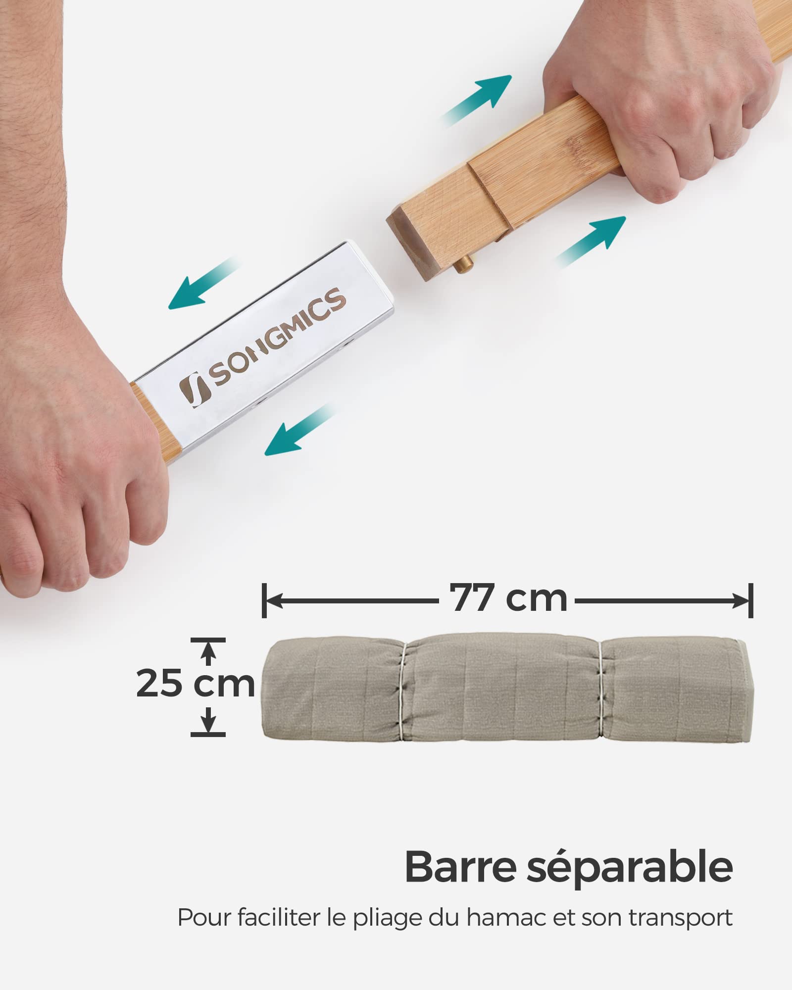 SONGMICS Hamac Double Rembourré Matelassé 200 x 140 cm 225 kg avec Barres Incurvées Démontable Bambou Oreiller Crème Beige GDC34BE