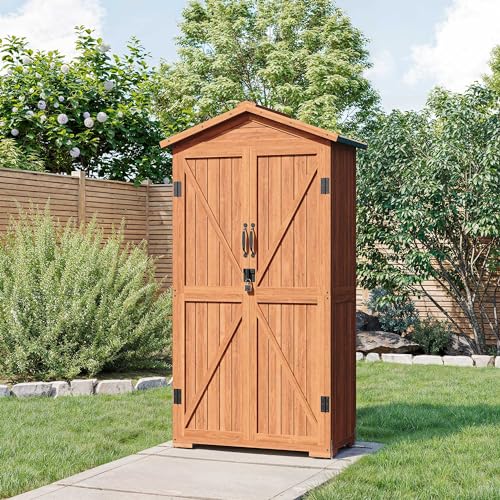 BELLEZE Outdoor Storage Shed with 4 Removeable Shelves, Wooden Garden Shed Lockable Tool Cabinet with Waterproof Roof, Outside Tall Tool Shed for Patio Backyard Lawn Yard - Wood