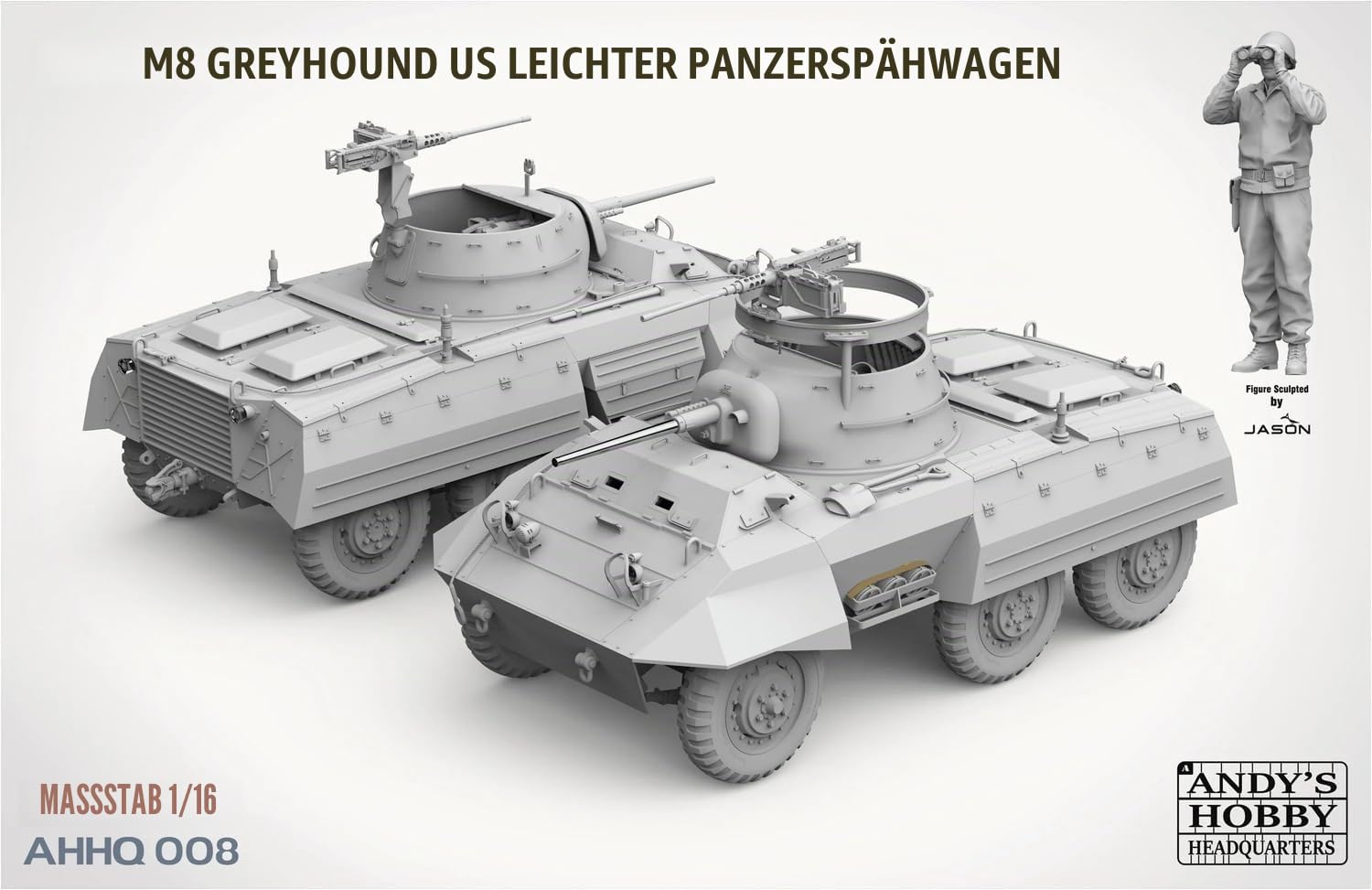 ANDYS Hobby Headquarters AHHQ-008 M8 Greyhound US Light Armored Car + Figur Maßstab 1:16 Modellbausatz Plastikmodellbau