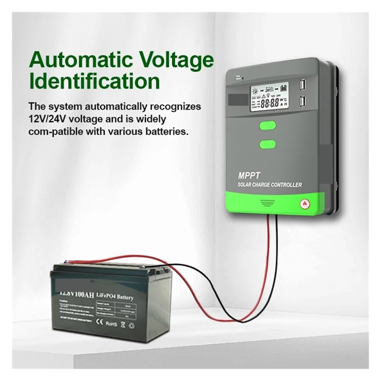 Kontroler ładowania słonecznego, 60A 50A 40A 30A 20A MPPT regulator ładowania słonecznego do baterii domowych Panel 3000W LCD z USB 12V 24V 36V 48V(Blu,60A_12V 24V 36V 48V)