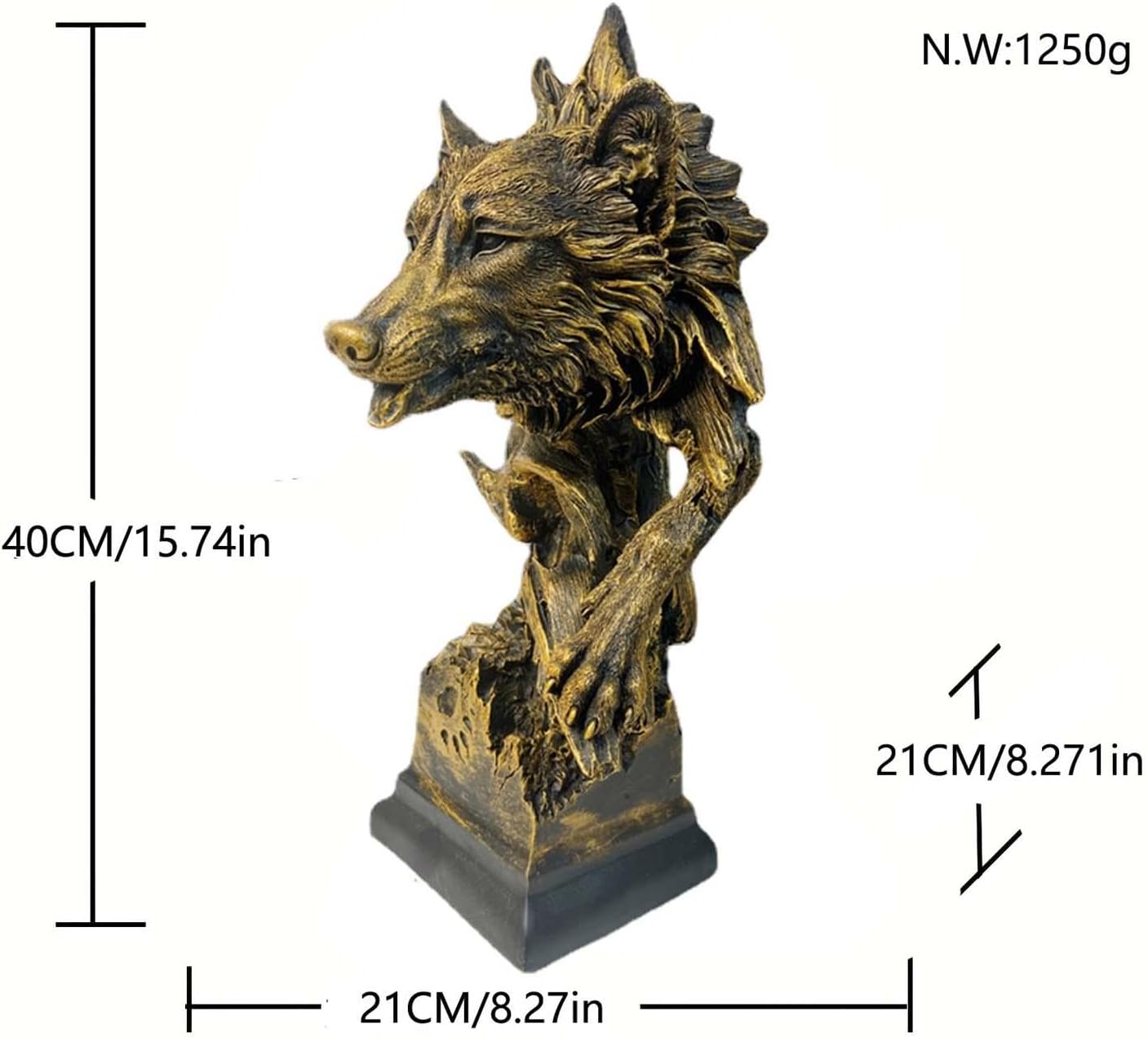 Wolf Head Bust for Home Decor, Animal Sculpture for Office and Bar, L Gold