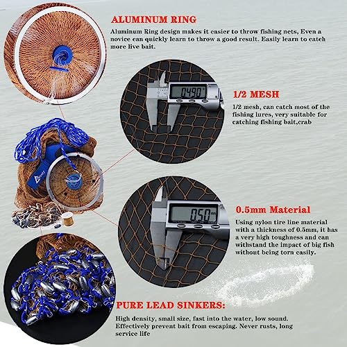 Drasry Saltwater Fishing Cast Net With Aluminum Ring For Bait Trap Fish Throw Net. Size 4Ft/5Ft/6Ft/7Ft Radius Freshwater Casting Nets Yellow Tire Lines 1/2In Mesh 4Ft Radius #TOP3