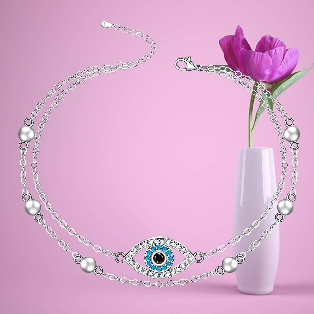 Fenthring Blue Evil Eye Anklet Bracelet Sterling Silver Double Layered Protection Nazr Greek Evil Eye Ankles for Women Turkish Mal De Ojo Summer Boho Beach Mothers Day Gifts