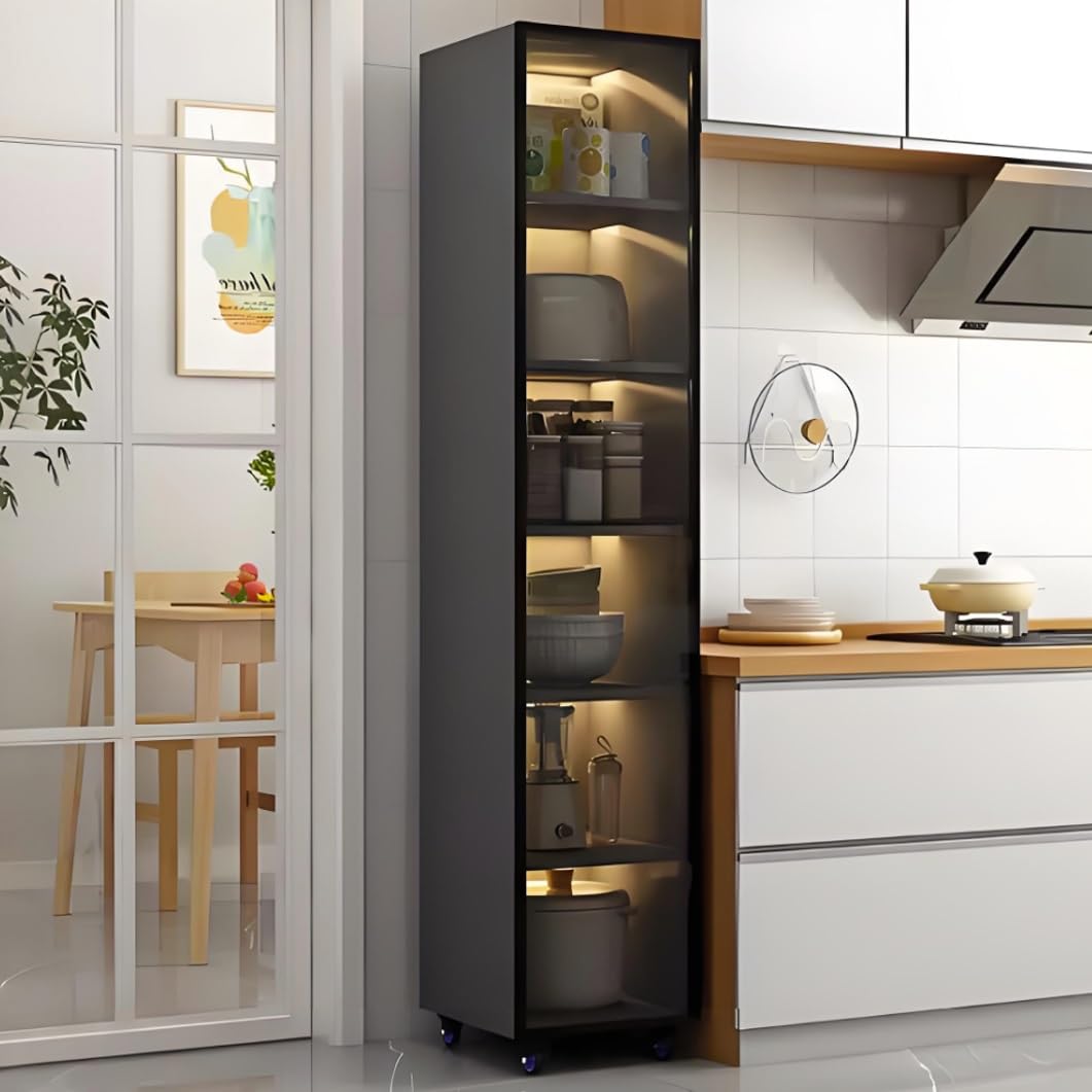 YVYKFZD Slim Storage Cart, Narrow Storage Cabinet, Rolling Utility Carts with Wheels and Tempered Glass Doors, Mobile Kitchen Cart, Bathroom Organizer, No Lighting(Gray+A,6 Tier 7.8"x11.8"x77.9")