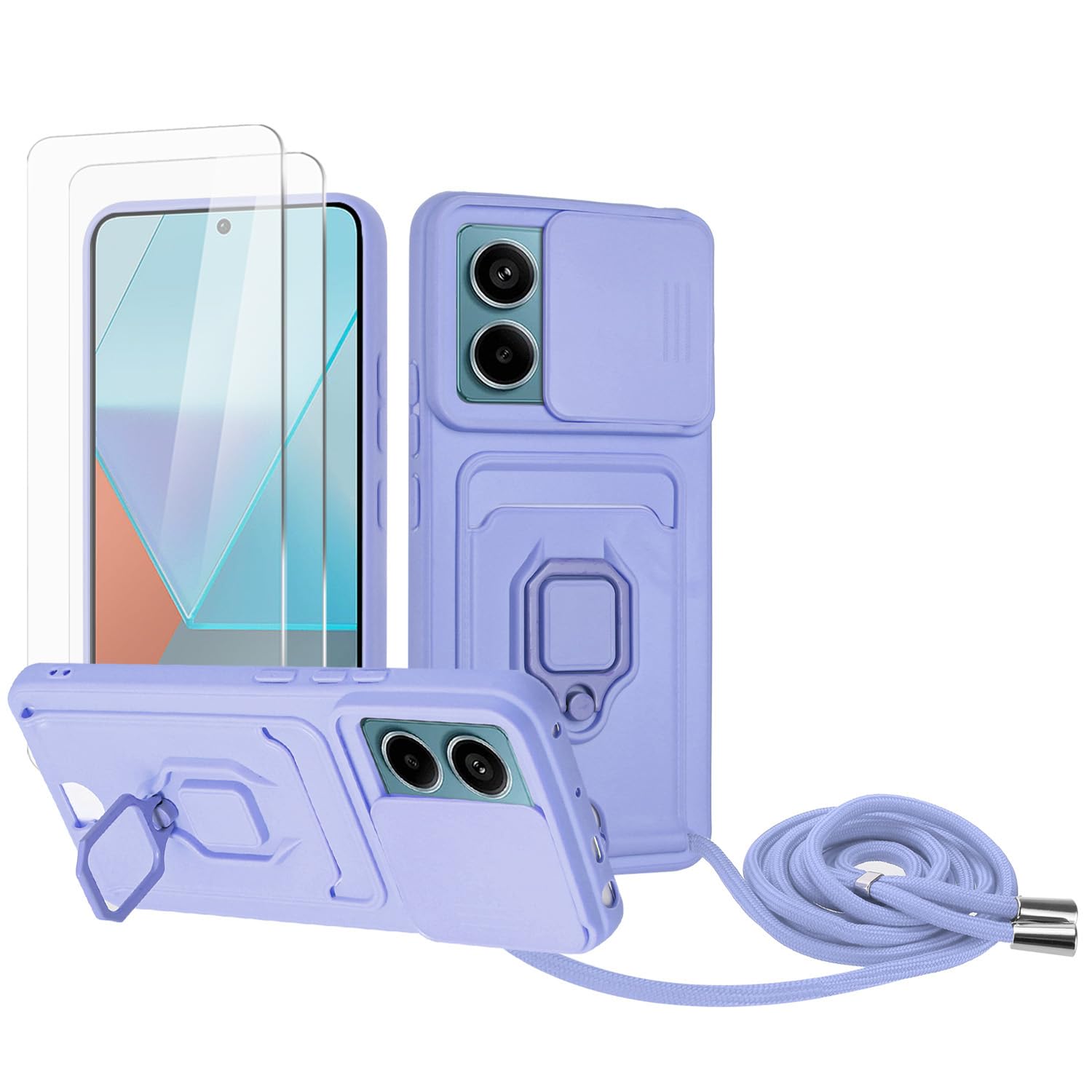 Zallagre Funda con Cuerda Compatible con Redmi Note 13 Pro 5G,[2 Packs Cristal Templado],Ranura para Tarjetas,Cubierta de Cámara Deslizante Proteger,360 Anillo Soporte-Morado