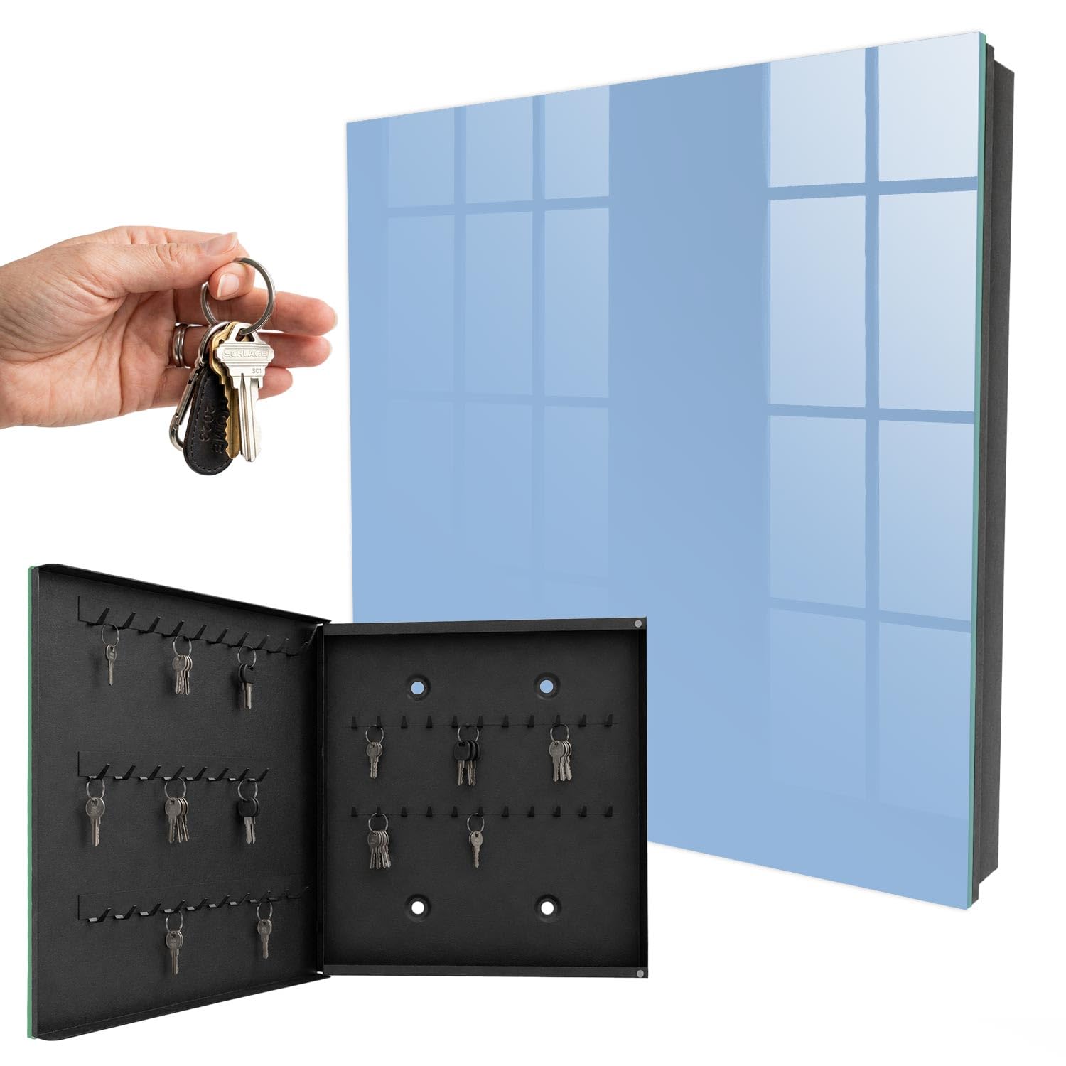 Armoire à clés 30x30x5 cm Bleu bébé Porte Gauche Noir | Rangement | Sécurité | Accroche-clés | Coffret | Boîtier | Décoratif | Crochet | Mobilier | Attache | Fixation | Entrée
