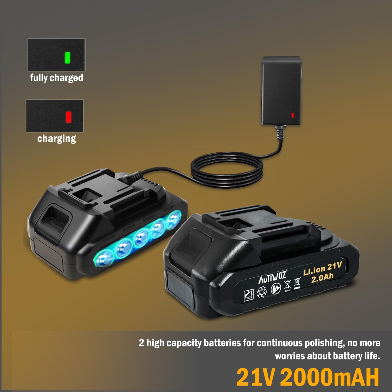 AUTIWOZ Pulidora Batería 21V,Máquina Pulido Sin Cable/Excéntrico 9mm,Pulidora Profesional para Automóviles,Velocidad Variable 2800-5800RPM,Pulido y Lijado,2 Baterías,Esponja de Pulido 125mm