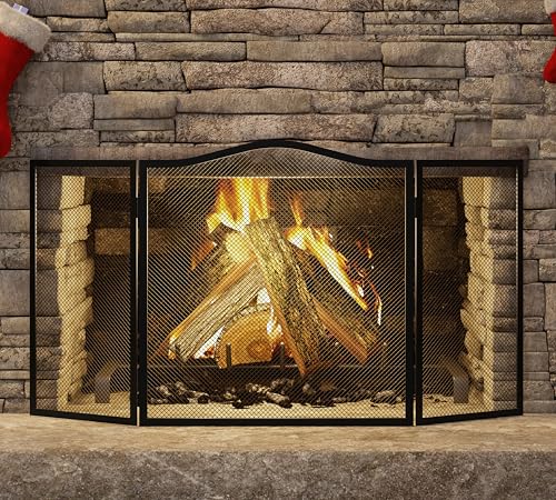 Kingson - Kingson Pare-feu arqué extra large à 3 panneaux – Pare-étincelles en fer forgé noir pour cheminée – Pare-feu pliable en maille – 102 x 54 cm – Résistant à la chaleur – Sans danger pour les enfants et