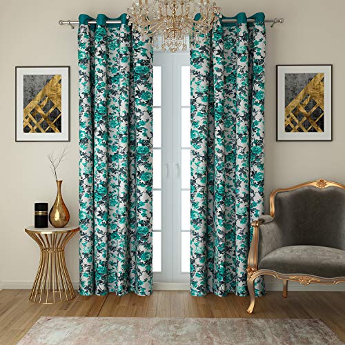 Image of Swayam Blackout Cotton Casement Long Door Curtain for Living Room & Bedroom | 9 Feet | Room Darkening Curtain with Eyelets | Pack of 2 | Floral Design - Turquoise