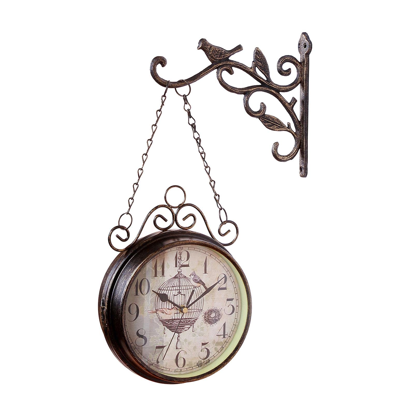 Horloge Murale Double Face Vintage Métal Silencieuse Jardin Cuisine