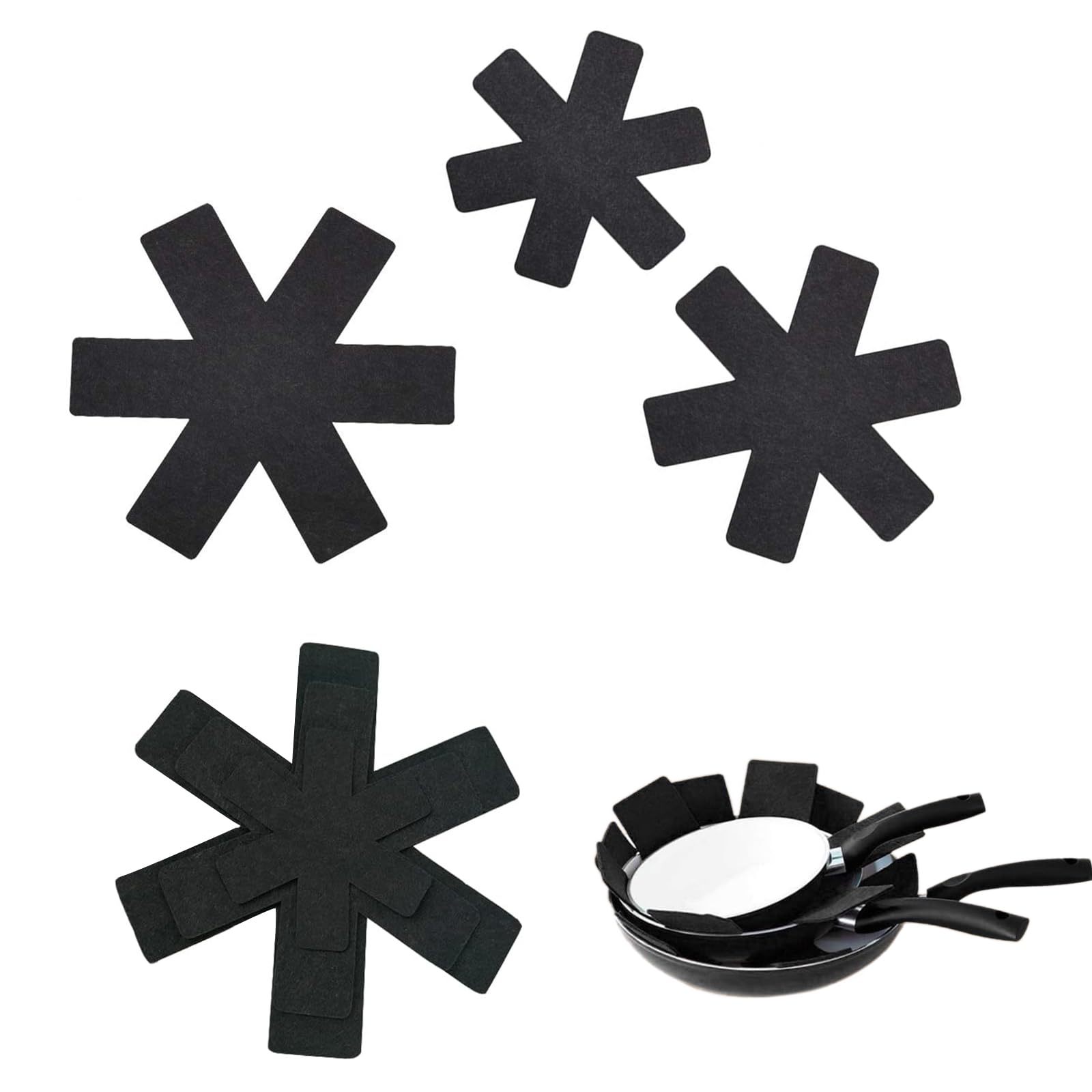 Pan Protectors for Stacking - 6PCS Pan Protectors in 3 Sizes (20/30/38cm) Saucepan Pads Black Pot Separators for Protecting and Preserving Cookware Eco-Friendly and Durable