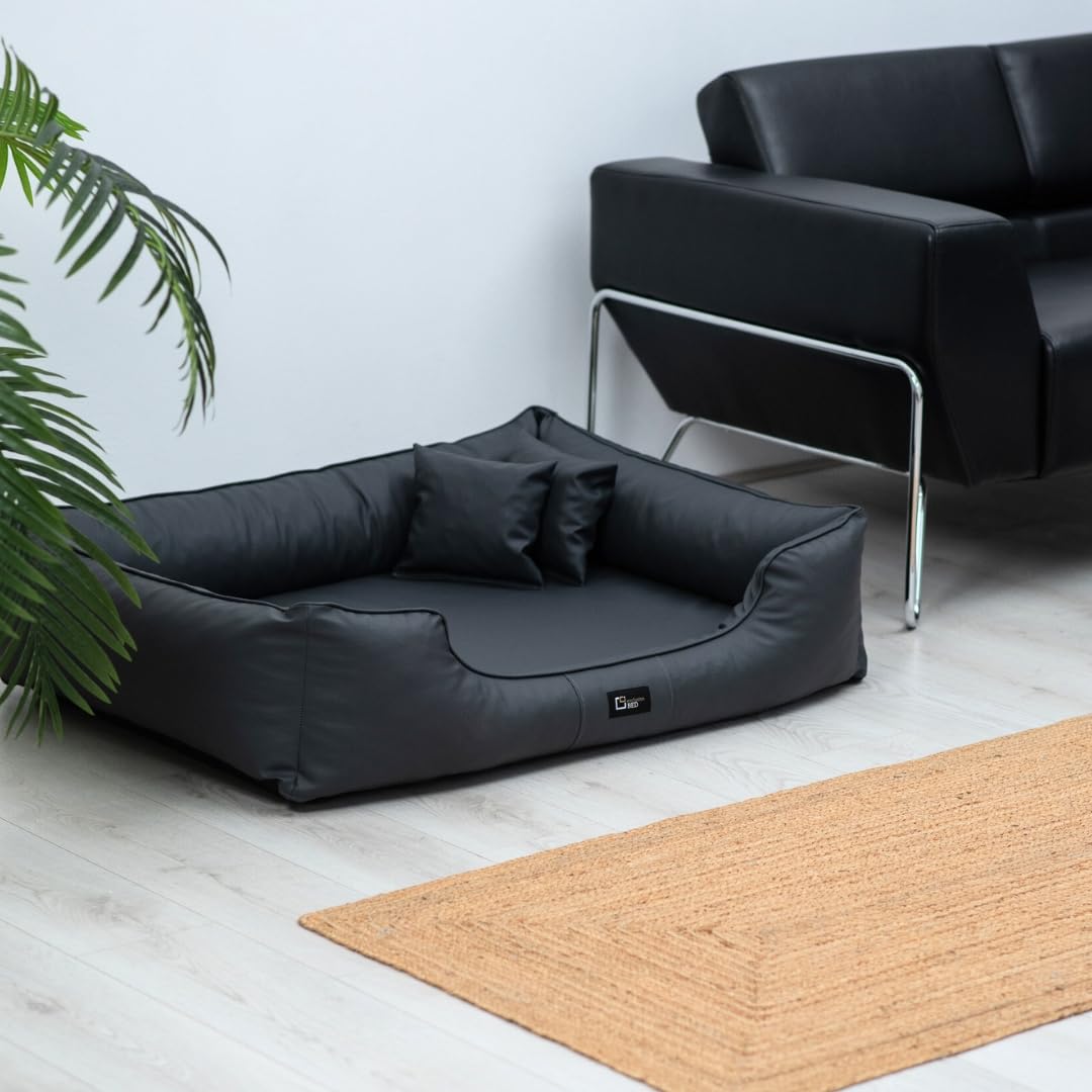 Orthopädisches Hundebett Max Grosse Mittelgroße Kleine Hunde - Hundekissen Hundesofa aus Kunstleder - Memory Foam Langlebig Abriebfest Reißfest (L+|90x70cm, Grau)