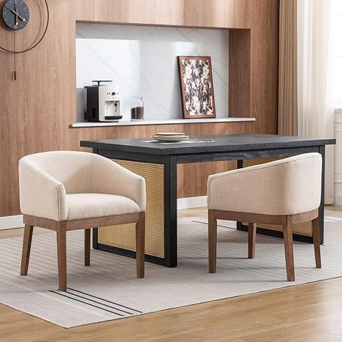 Miniatura 3 de Wahson - Juego de 2 sillas de comedor de barril de mediados de siglo, sillas de comedor beige con brazos, sillas de cocina tapizadas de lino con