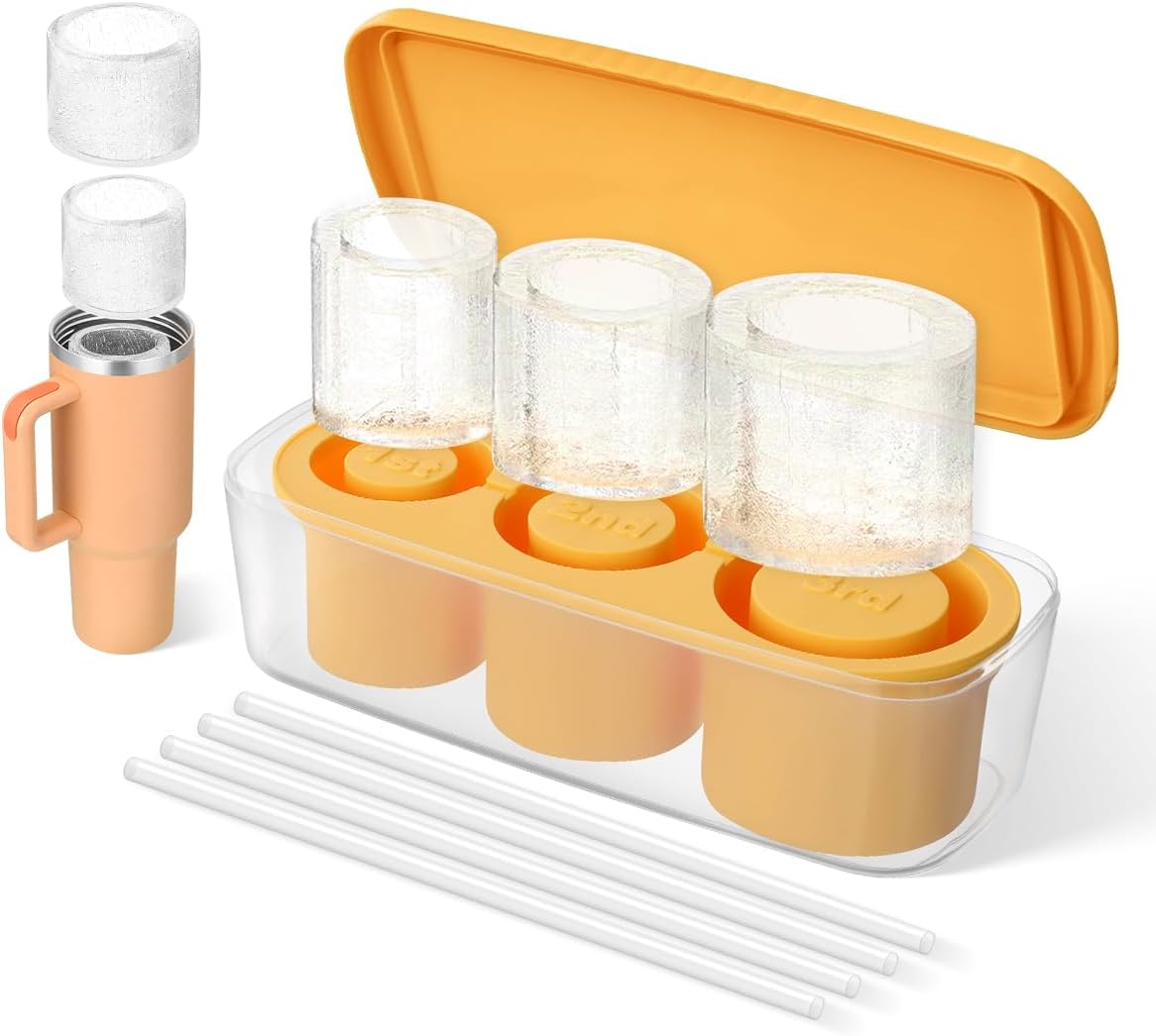 Aieve Ice Cube Tray for Stanley Cup, Aieve Ice Mold Silicone Ice Tray for 40oz 30oz Stanley Tumbler Stanley Cup Accessories with 4 pcs Straws (Yellow) Yellow 1
