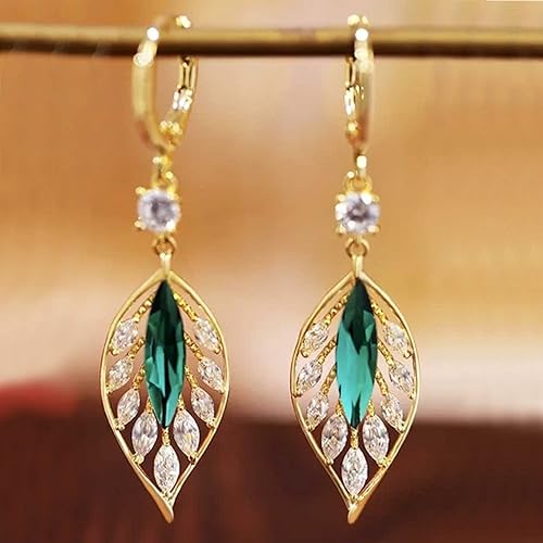Miniatura 4 de Aretes colgantes de hoja de circonita verde simple, diseño clásico de hojas de oro blanco brillante, con bisagras de cristal, aretes de aro de moda,