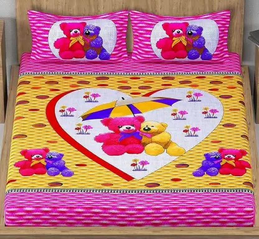 Image of Cotton Bedsheet (Pink, Double, Cartoon) - Cute Cartoon Print, Soft and Comfortable Cotton Fabric, Perfect for Kids and Family